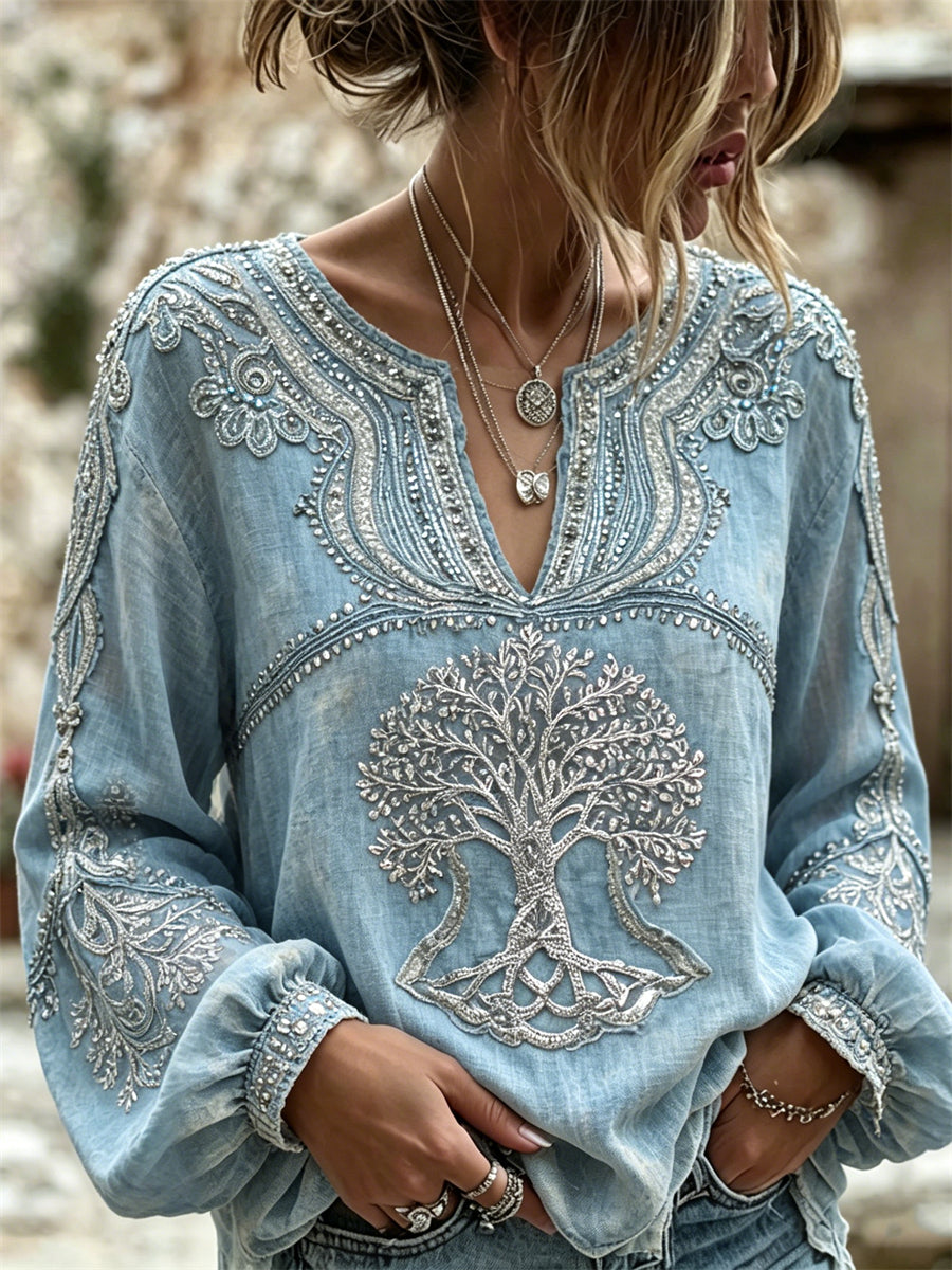 Camisa feminina elegante de linho e algodão com estampa brilhante do Árvore da Vida viking