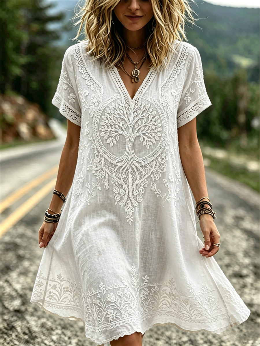 Vestido mini fluido feminino com estampa floral elegante do Árvore da Vida dos Vikings