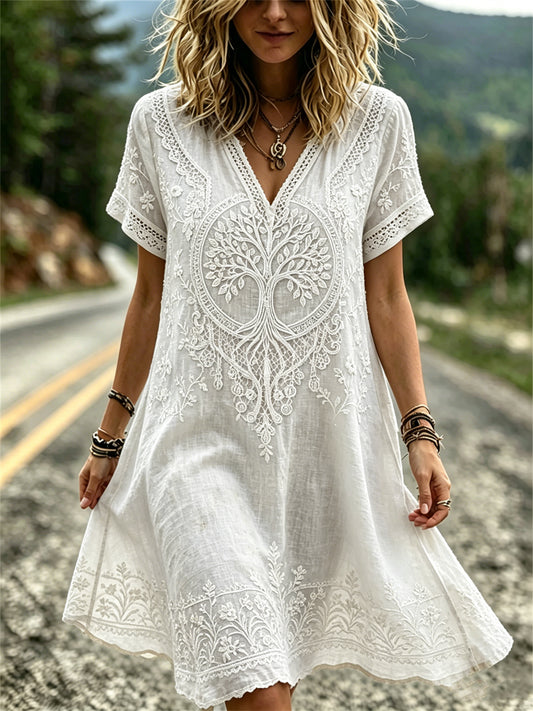 Vestido mini fluido feminino com estampa floral elegante do Árvore da Vida dos Vikings