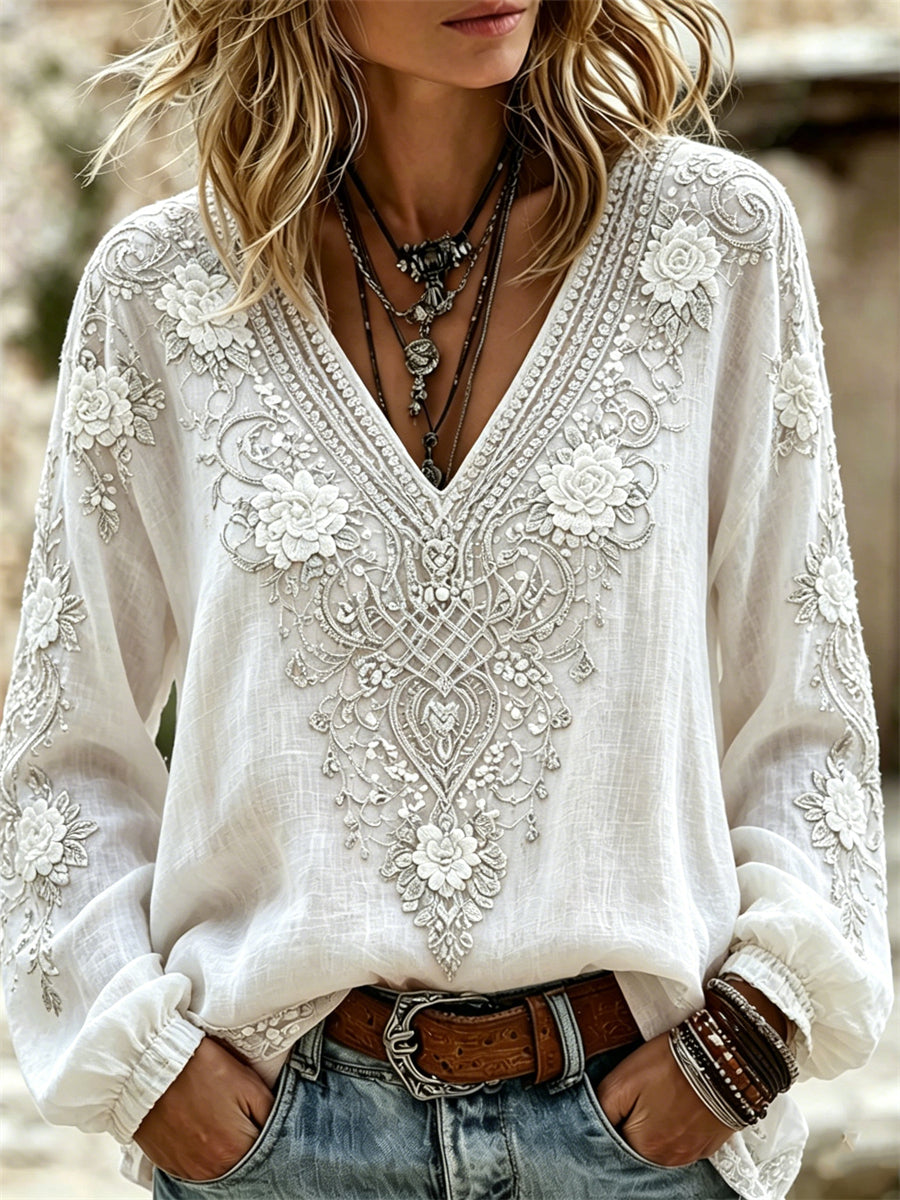 Camisa de Algodão e Linho com Estampa Feminina Elegante de Flores, Nó Celta Viking