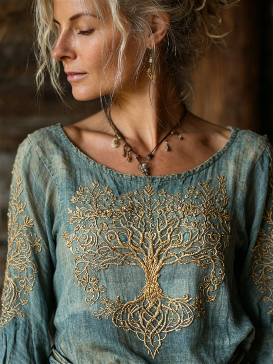 Camisa feminina vintage de algodão-linho, tingida, com estampa do Nórdico Árvore da Vida