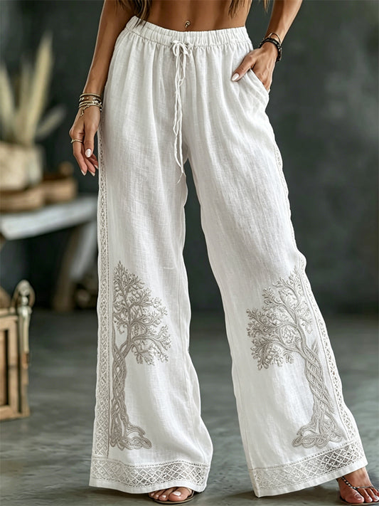 Calças de linho fluidas com estampa celta do Árvore da Vida viking, elegantes, para mulheres