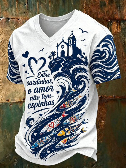Camiseta masculina em gola V com estampa artística comemorativa do Dia de Santo Antônio, em português