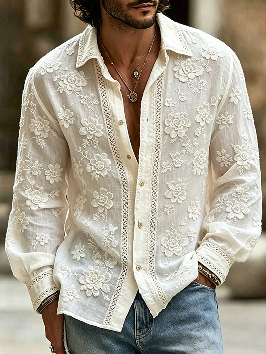 Camisa de Linho Masculina Vintage com Estampa Floral e Manga Comprida