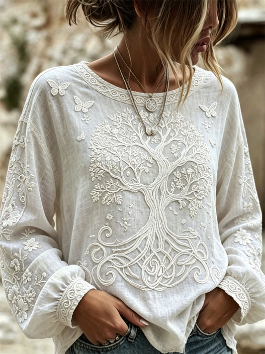 Viking Árvore da Vida Borboletas Floral impressão algodão-linho camisa das mulheres