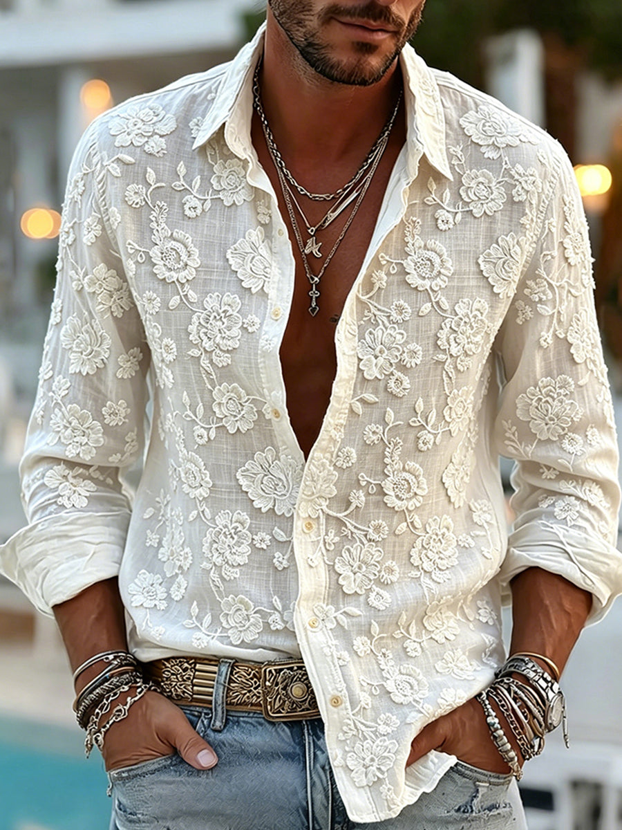 Vintage FLoral impressão manga longa camisa de linho masculino