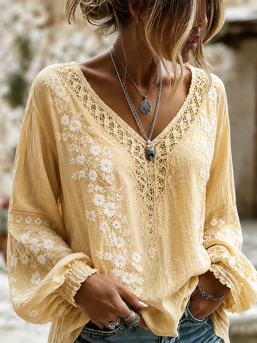 Blusa feminina retrô de algodão e linho com estampa floral e decote em V