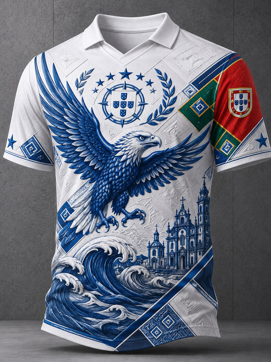 Top de Manga Curta Masculino Com Impressão Artística em Relevo-Textura Portugal Football