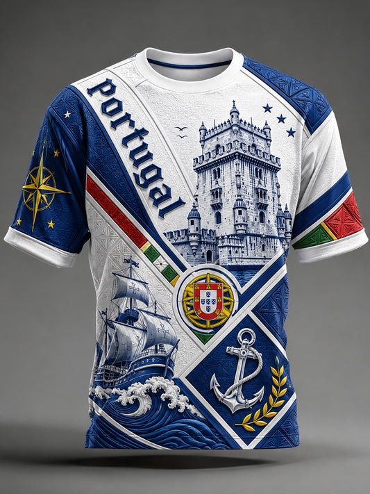 Camisa masculina de manga curta com estampa artística do futebol português em relevo