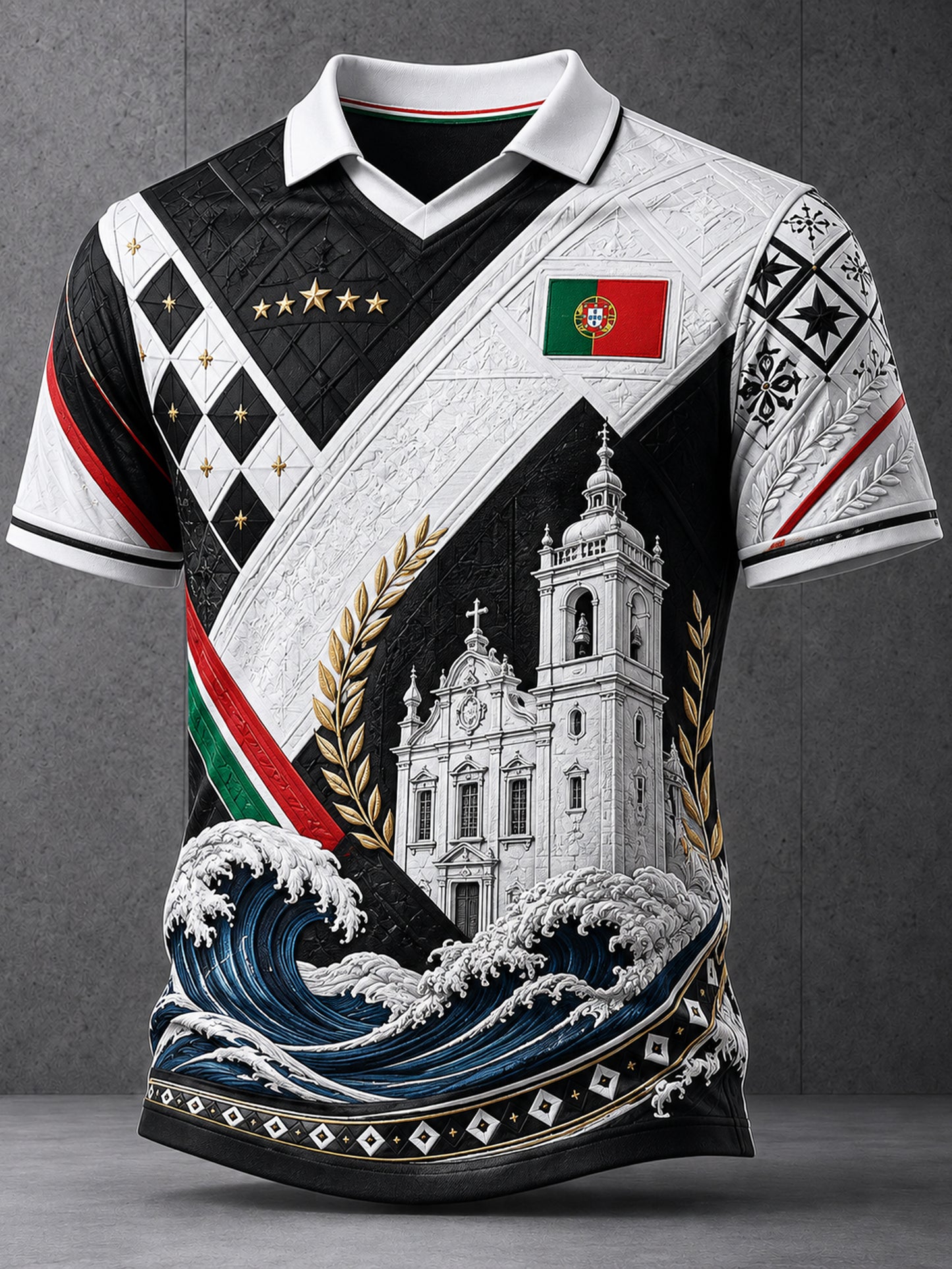 Camisa masculina de manga curta com estampa artística do futebol português em relevo