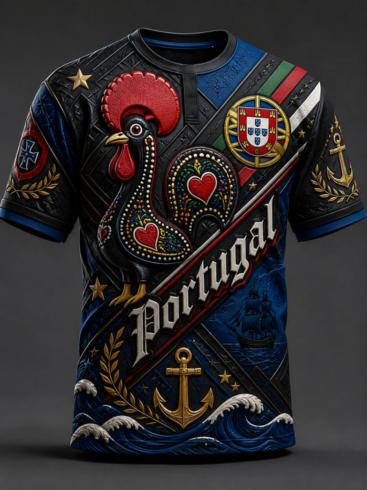 Camisa masculina de manga curta com estampa artística do futebol português em relevo
