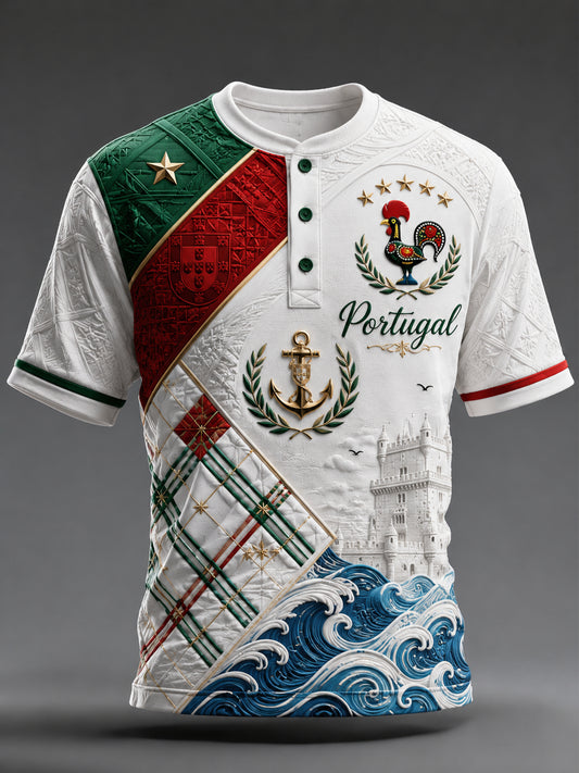 Camisa masculina de manga curta com estampa artística do futebol português em relevo