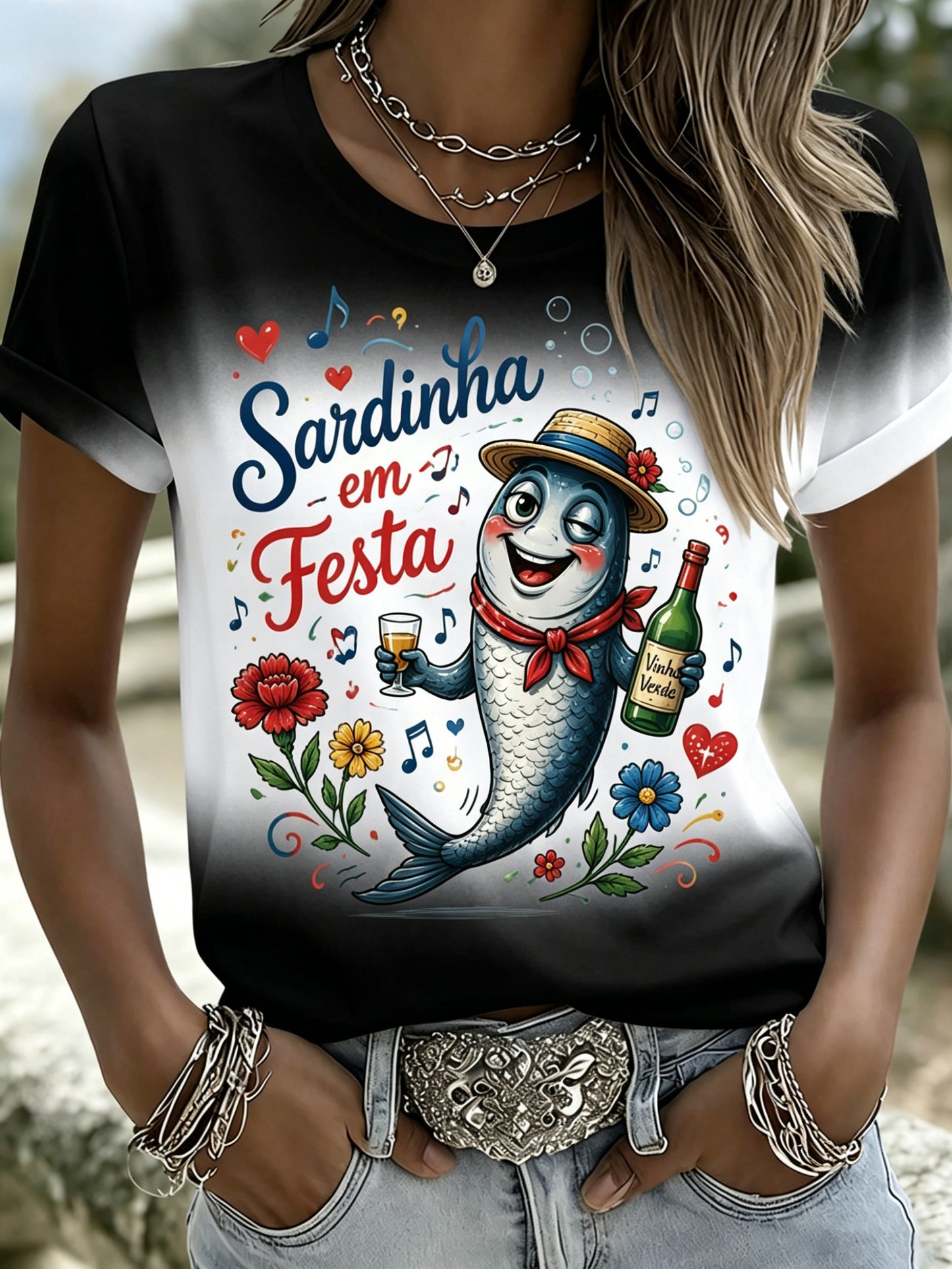 Camiseta com estampa artística comemorativa do Dia de Santo Antônio (Portugal) para mulheres