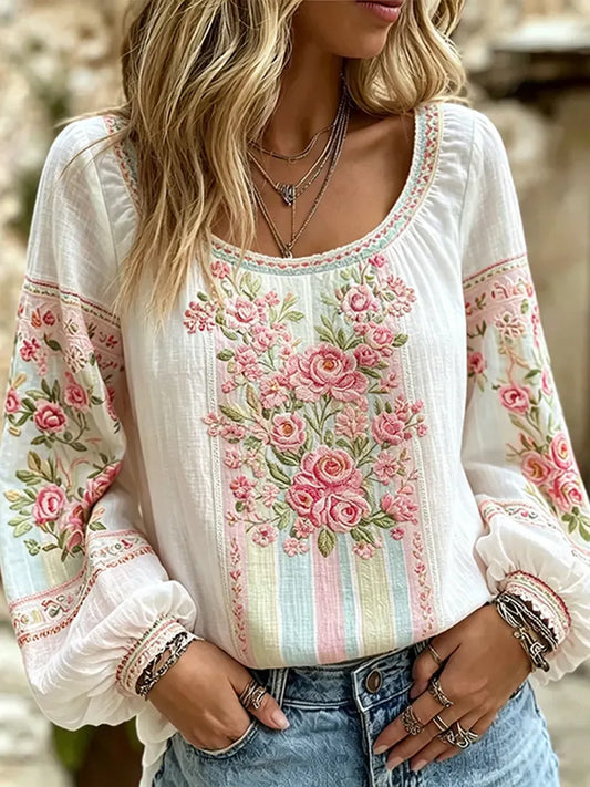 Camisa feminina de algodão e linho com estampa de plantas e flores