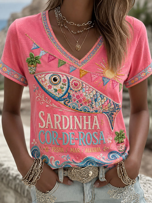 Camiseta estampada com arte do Festival das Mulheres dos Santos Populares de Portugal