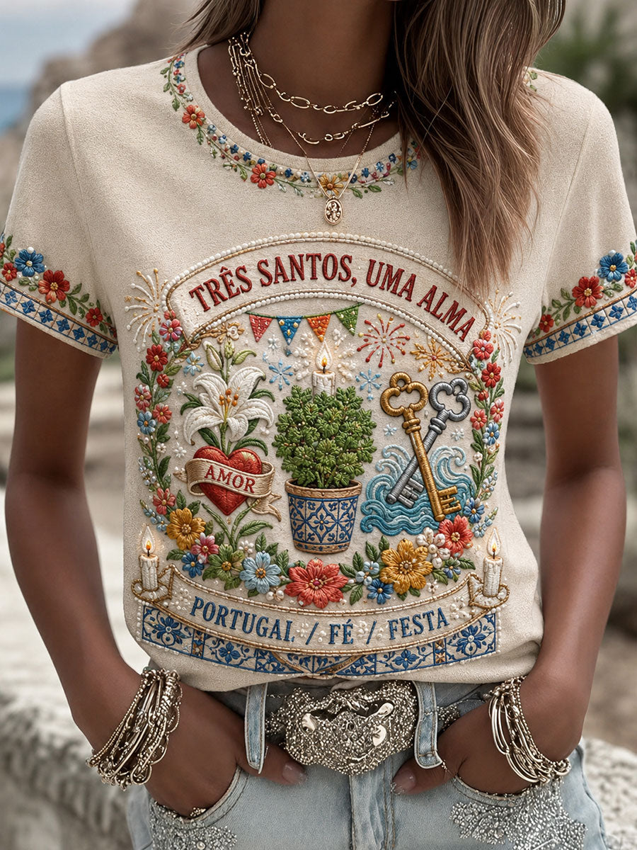 Camiseta estampada com arte do Festival das Mulheres dos Santos Populares de Portugal