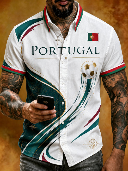 Camisa masculina de manga curta com estampa artística: tema do torcedor de futebol português