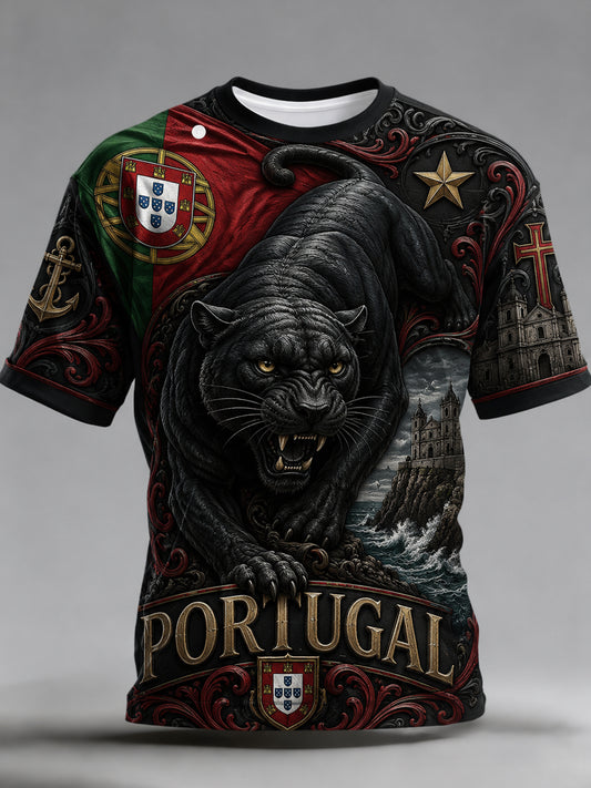 Camiseta masculina com tema de futebol de Portugal: estampa em relevo com arte para torcedores