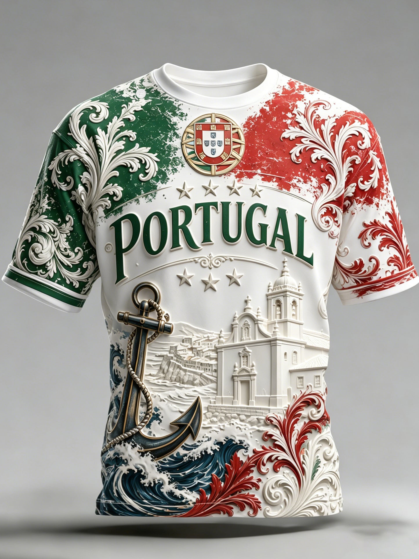Camiseta masculina com tema de futebol de Portugal: estampa em relevo com arte para torcedores