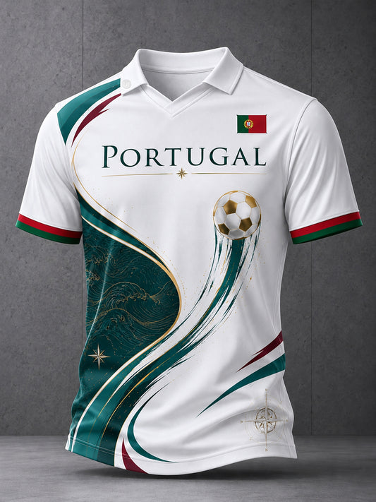 Camiseta com Gola em V e Estampa de Arte para Fãs de Futebol de Portugal – Masculina