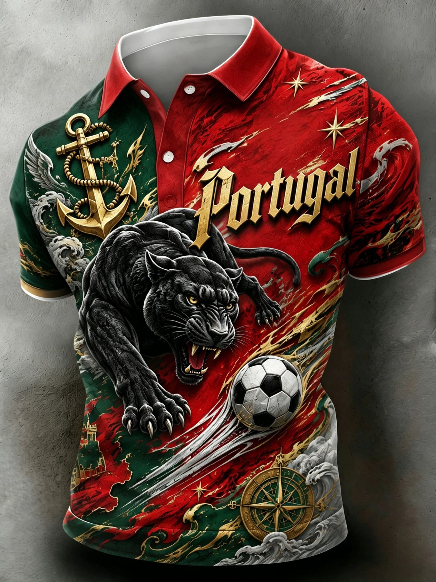 Polo com tema de futebol português masculino: elementos de textura em relevo e estampa artística com tema de fã