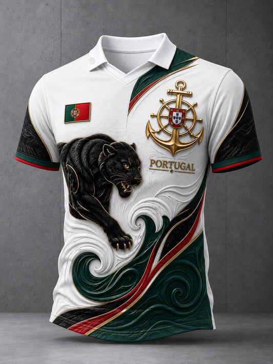 Camiseta com Gola em V e Estampa de Arte para Fãs de Futebol de Portugal – Masculina