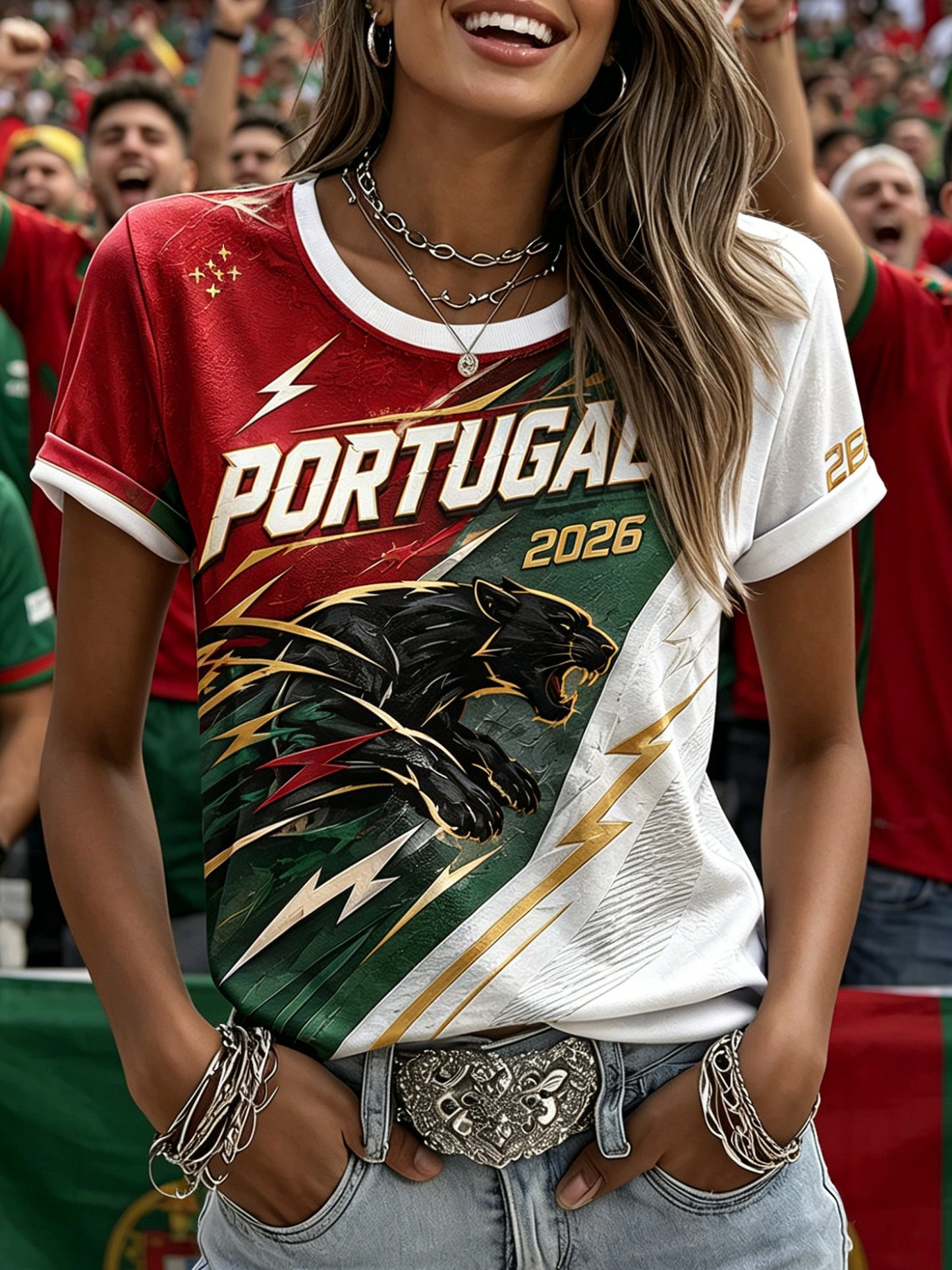 Camiseta com estampa de arte fã do futebol feminino de Portugal