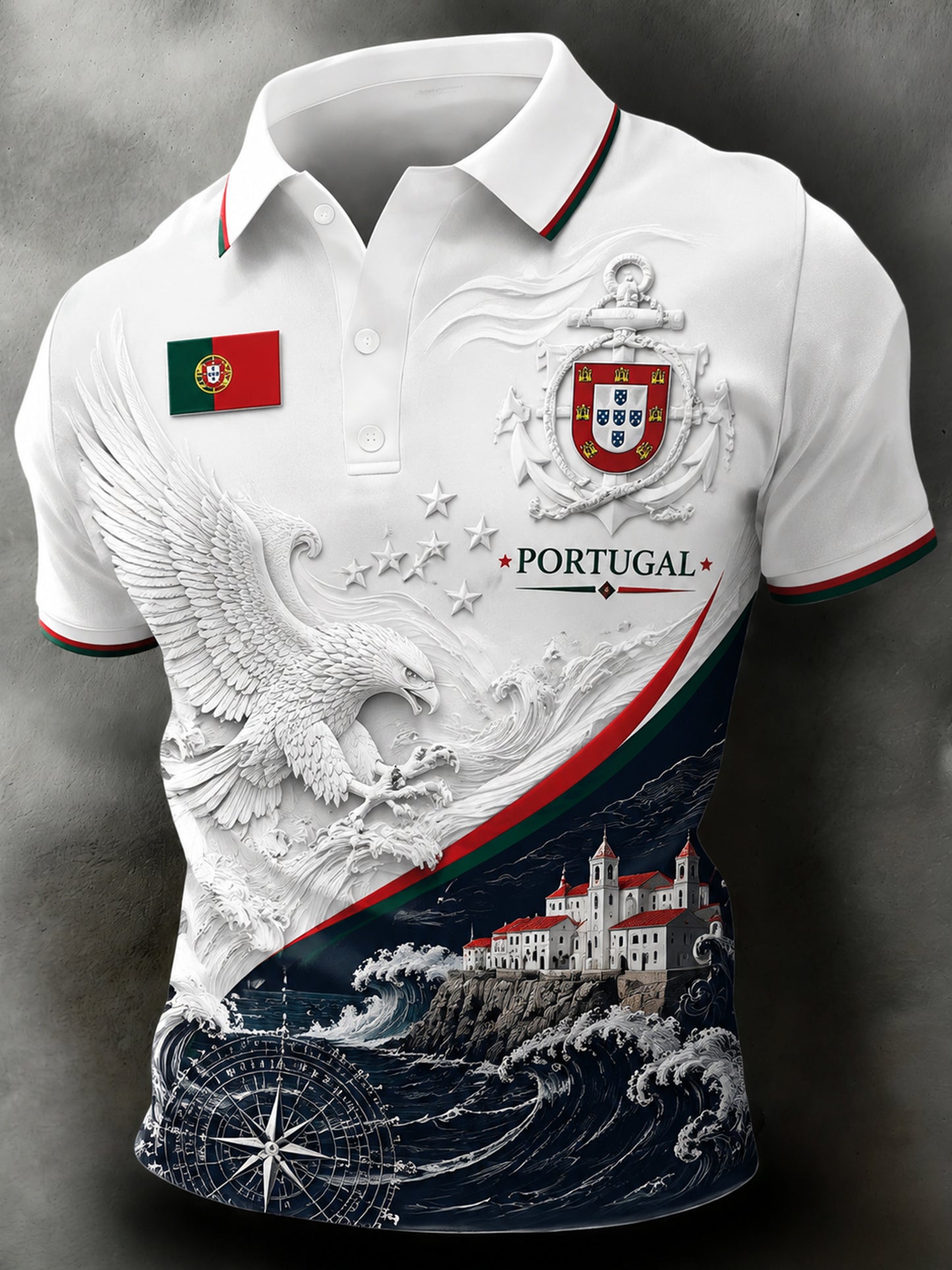 Camisa polo masculina com tema de futebol português: detalhes em relevo e estampa artística inspirada nos torcedores