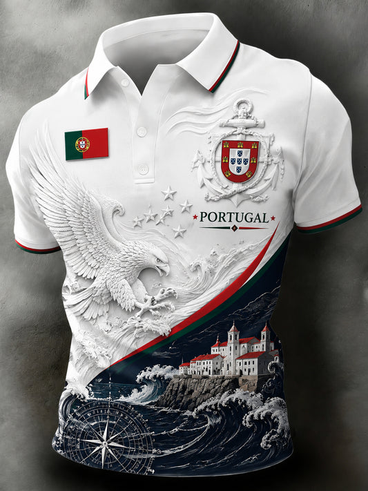 Camisa polo masculina com tema de futebol português: detalhes em relevo e estampa artística inspirada nos torcedores