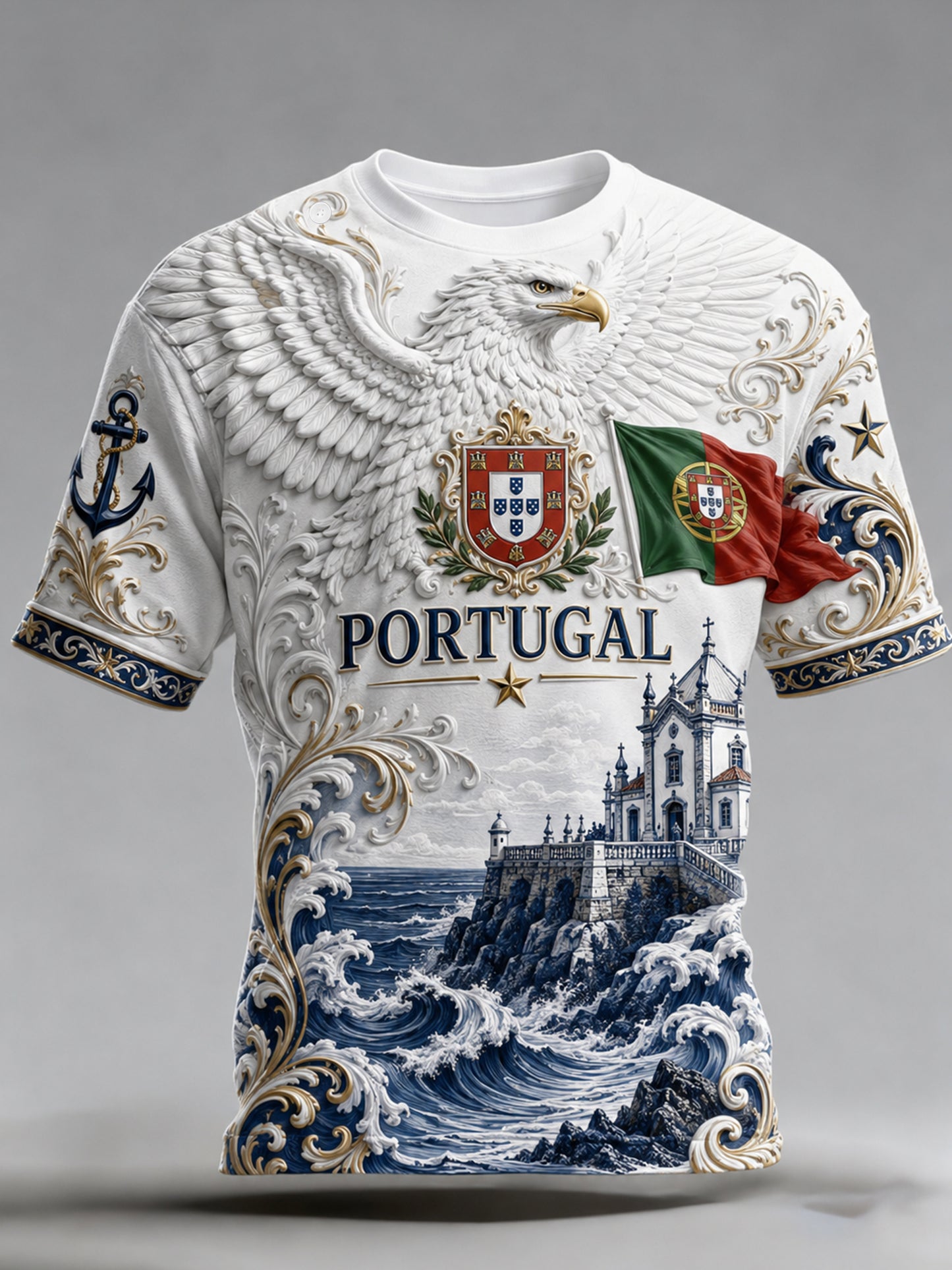 Camiseta masculina com tema de futebol de Portugal: estampa em relevo com arte para torcedores