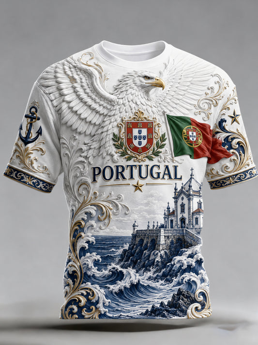 Camiseta masculina com tema de futebol de Portugal: estampa em relevo com arte para torcedores