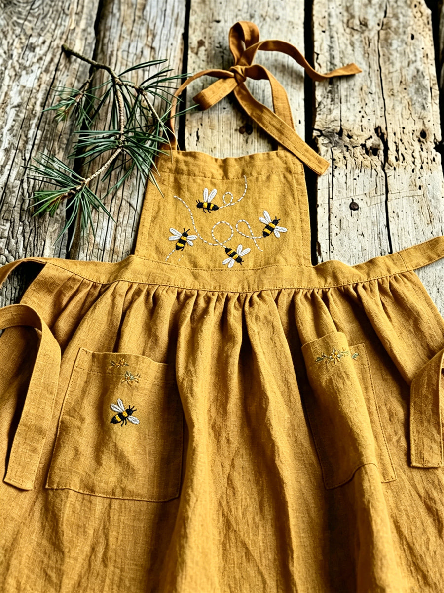 Voando Vintage abelhas Floral Patch impressão bolsos do mulheres plissado vestido Maxi Pinafore