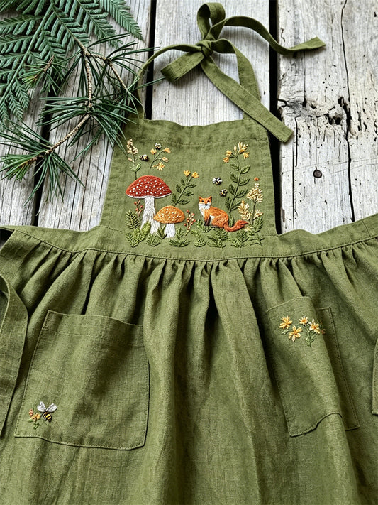 Floresta Vintage Fox cogumelo Floral impressão do mulheres plissado linho Maxi Pinafore vestido