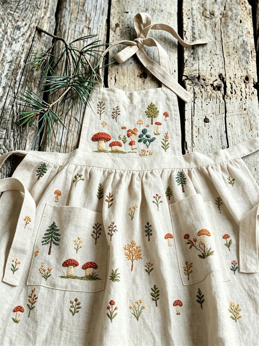 Floresta cogumelo plantas padrão Vintage plissado linho Maxi pinafore vestido do mulheres