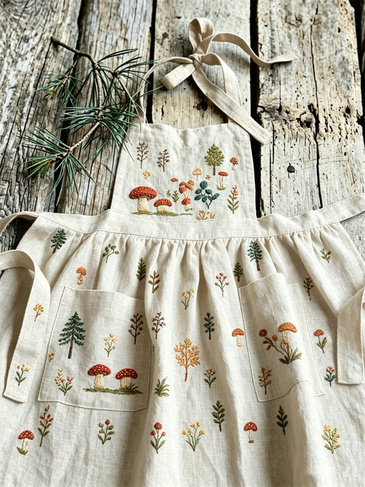 Floresta cogumelo plantas padrão Vintage plissado linho Maxi pinafore vestido do mulheres