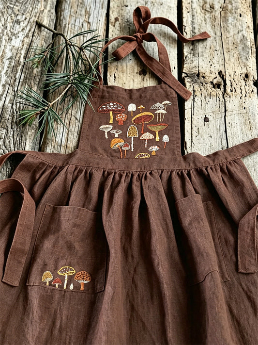 Floresta Vintage cogumelo padrão Patch bolsos vestido Maxi pinafore plissado do mulheres