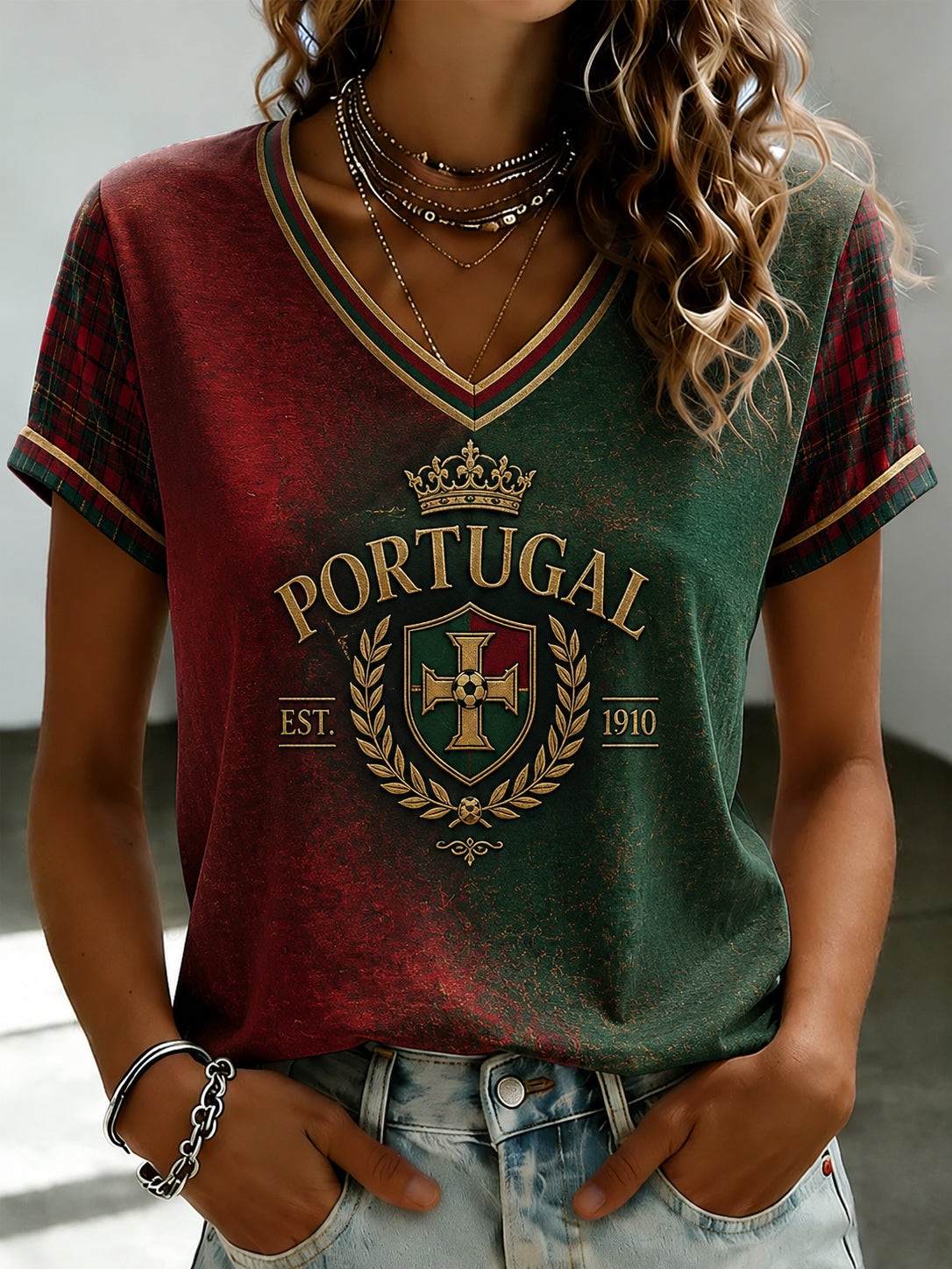 Camiseta feminina de futebol português com estampa e gola em V