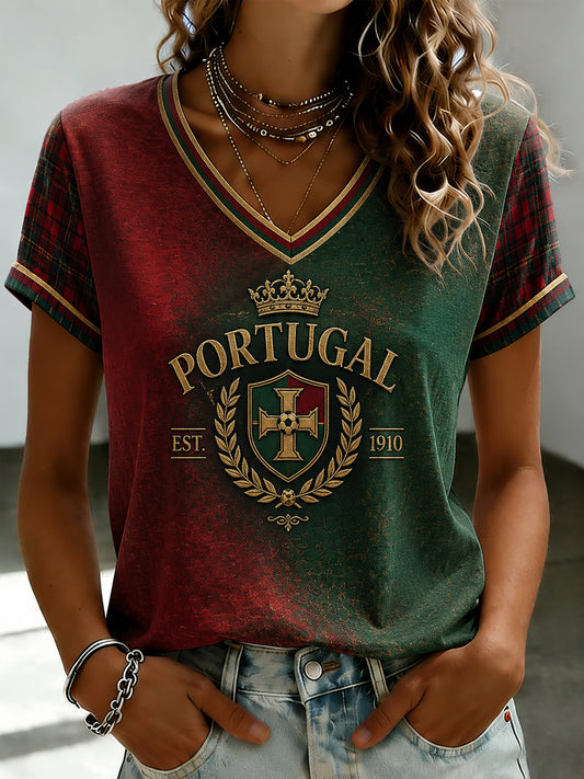 Camiseta feminina de futebol português com estampa e gola em V