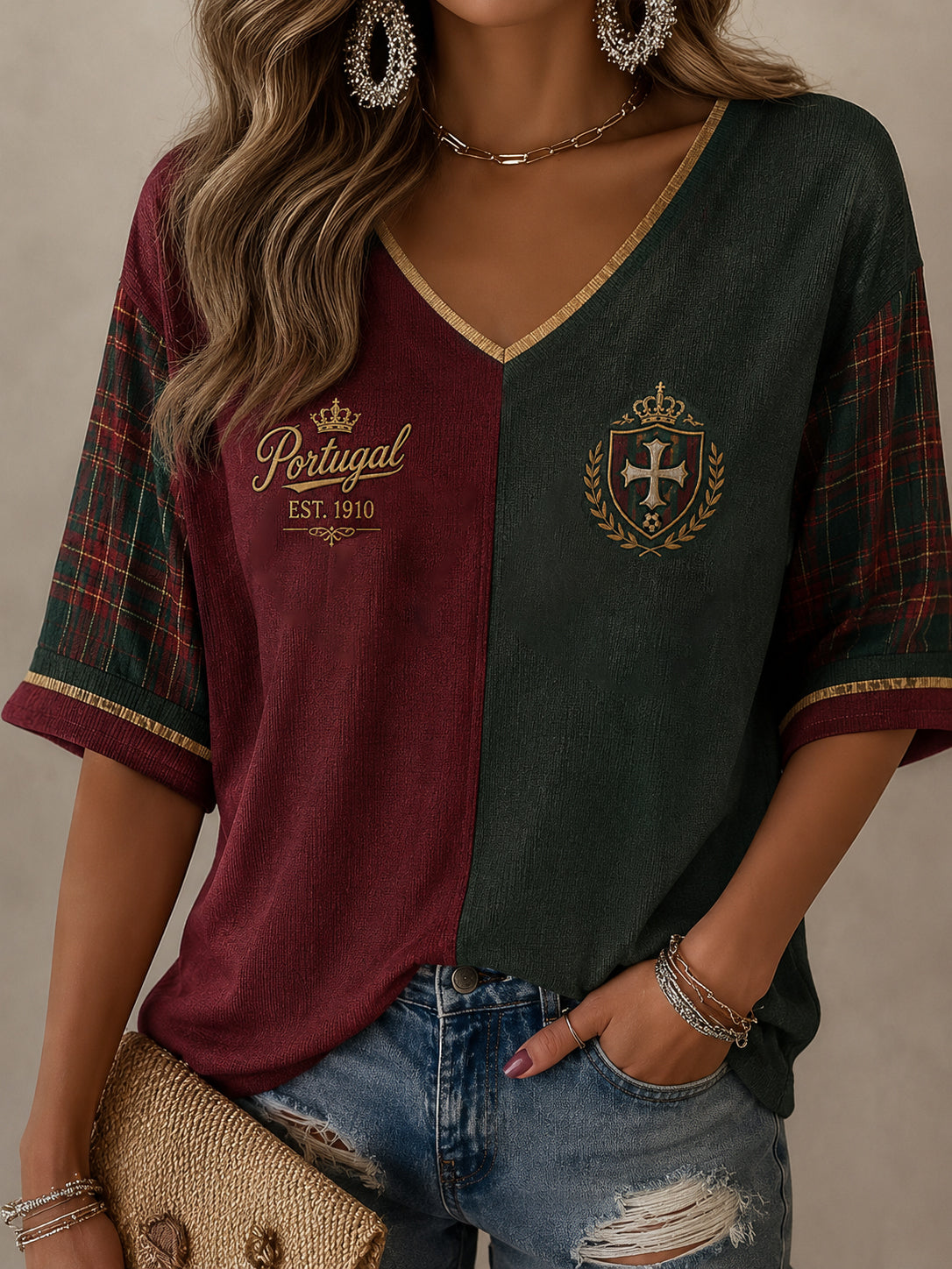 Camiseta casual com estampa de futebol feminino português
