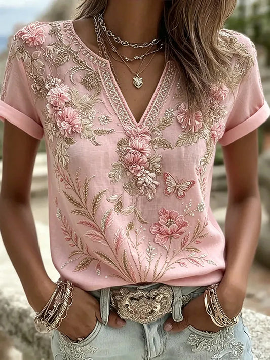 Camiseta Casual com Gola em V e Estampa de Flores Rosas sobre Câncer de Mama Feminino