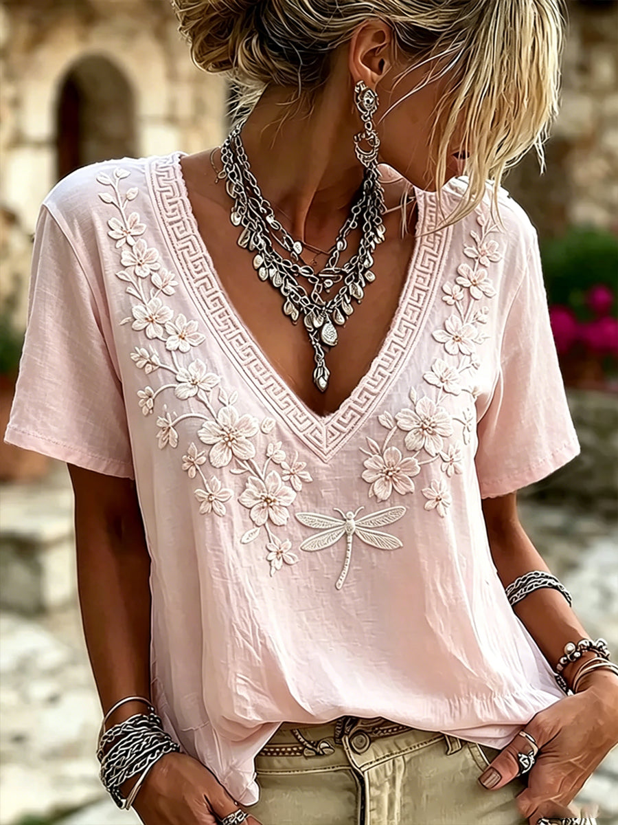 Câncer de mama feminino Pink Flowers Imprimir camiseta Casual V-Neck