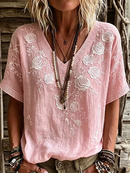 Camiseta Casual com Gola em V e Estampa de Flores Rosas sobre Câncer de Mama Feminino