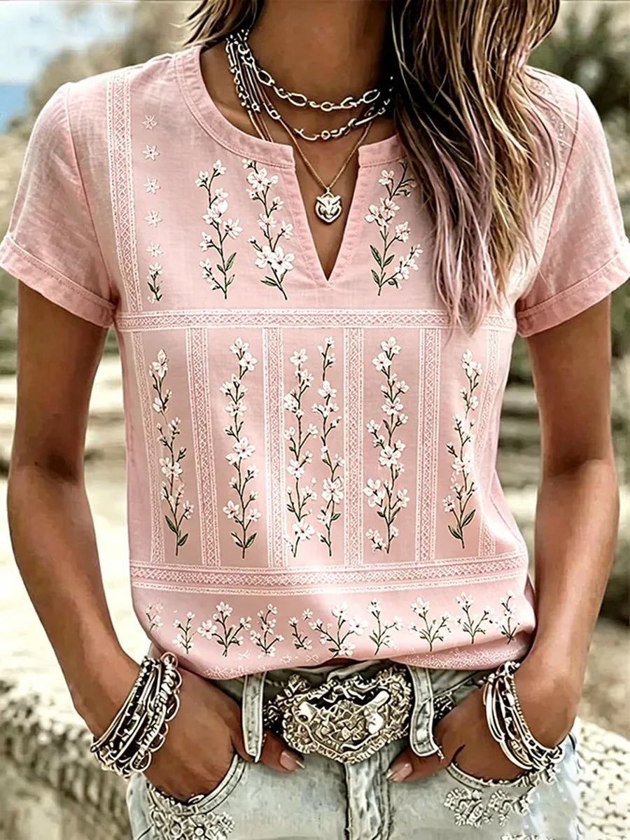 Camiseta Casual com Gola em V e Estampa de Flores Rosas sobre Câncer de Mama Feminino