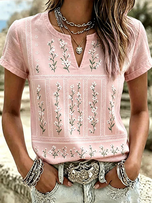 Camiseta Casual com Gola em V e Estampa de Flores Rosas sobre Câncer de Mama Feminino