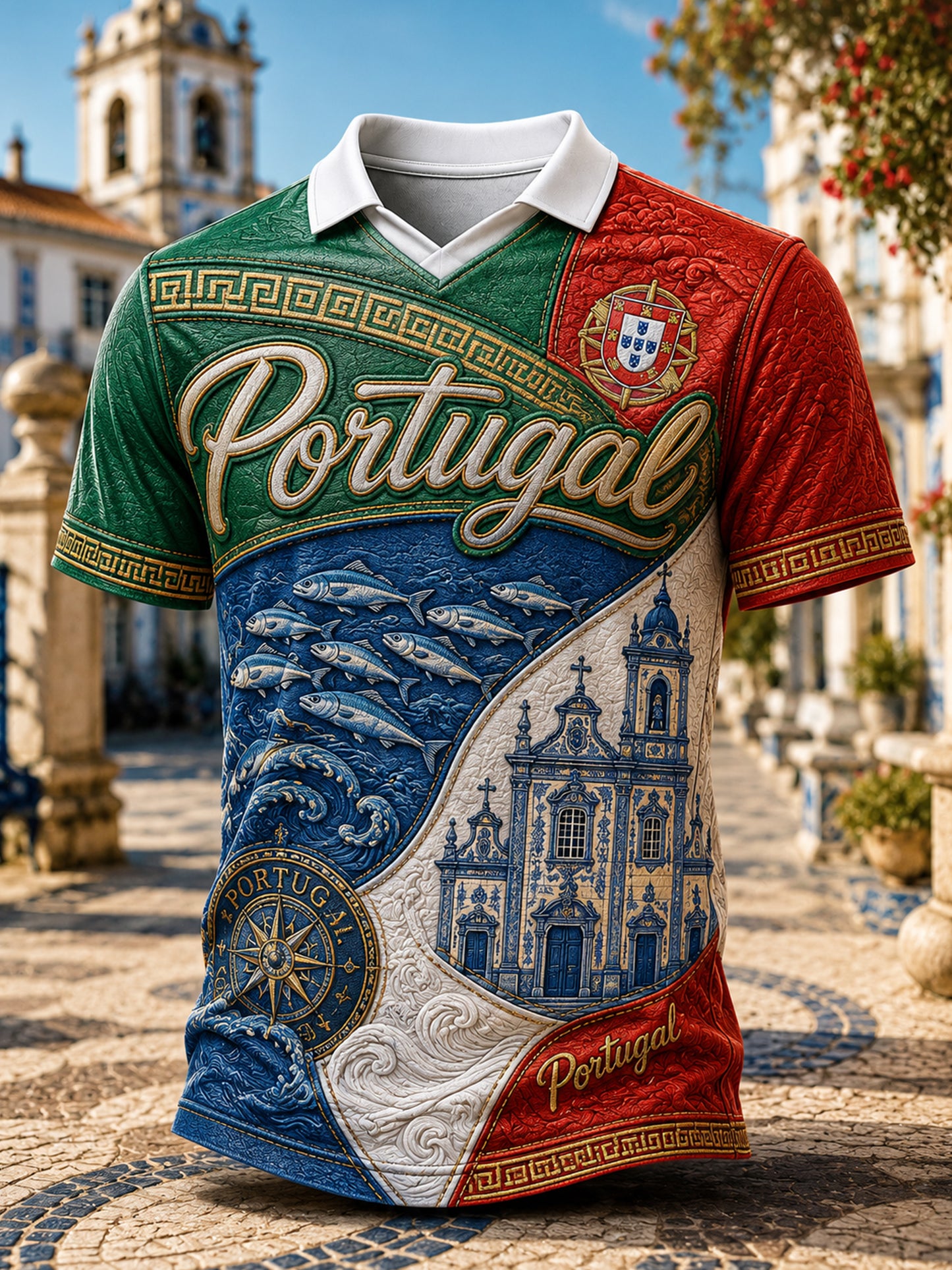 Camiseta com Gola em V e Estampa Artística Temática Oceânica para Torcida de Futebol da Seleção Portuguesa Masculina