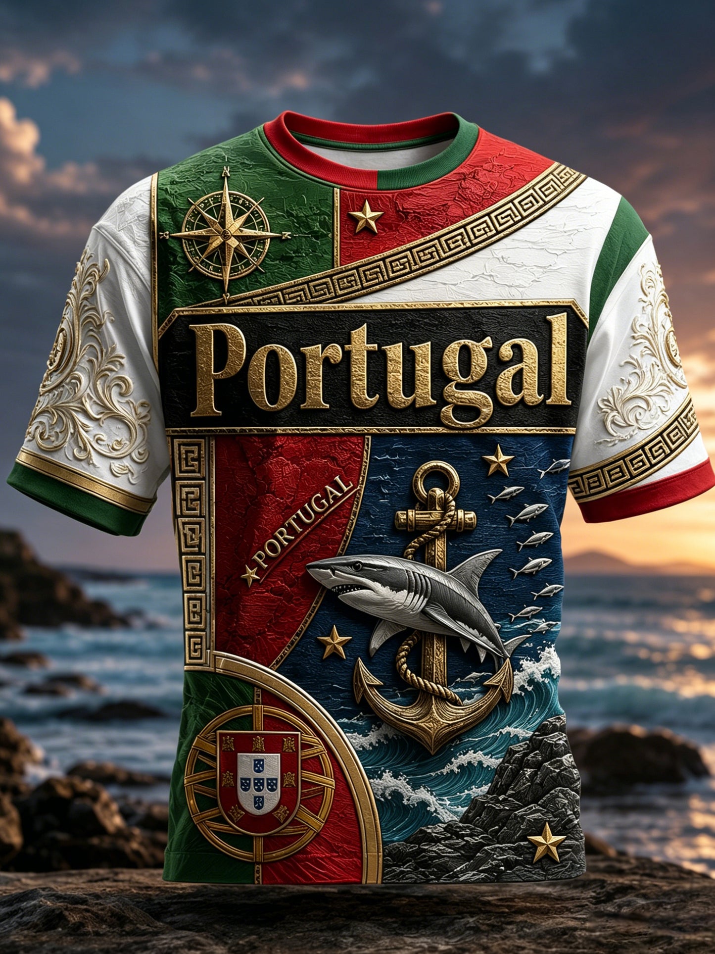 Camiseta masculina de futebol da seleção portuguesa com estampa em relevo e textura artística