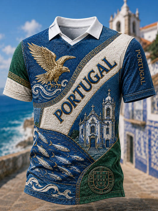 Camiseta com Gola em V e Estampa Artística Temática Oceânica para Torcida de Futebol da Seleção Portuguesa Masculina
