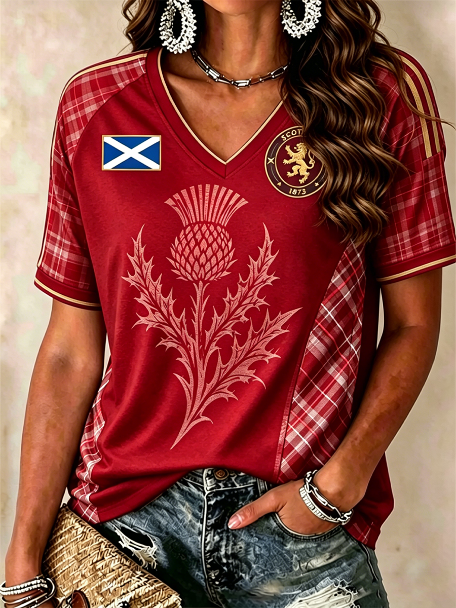 Women's SCOTLAND Printed V-neck off-shoulder short-sleeved T-shirt