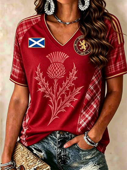 Women's SCOTLAND Printed V-neck off-shoulder short-sleeved T-shirt