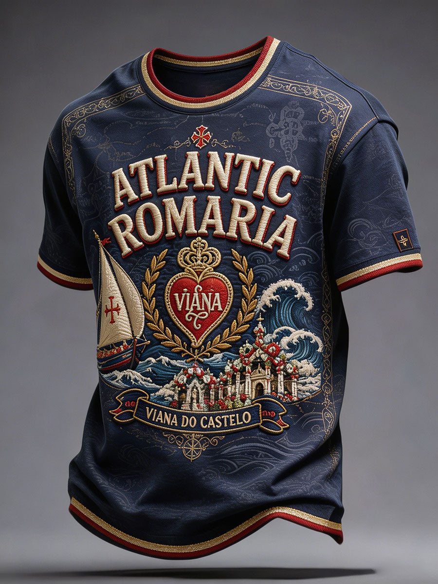 Camiseta masculina com estampa artística das Festas d’Agonia, em Portugal
